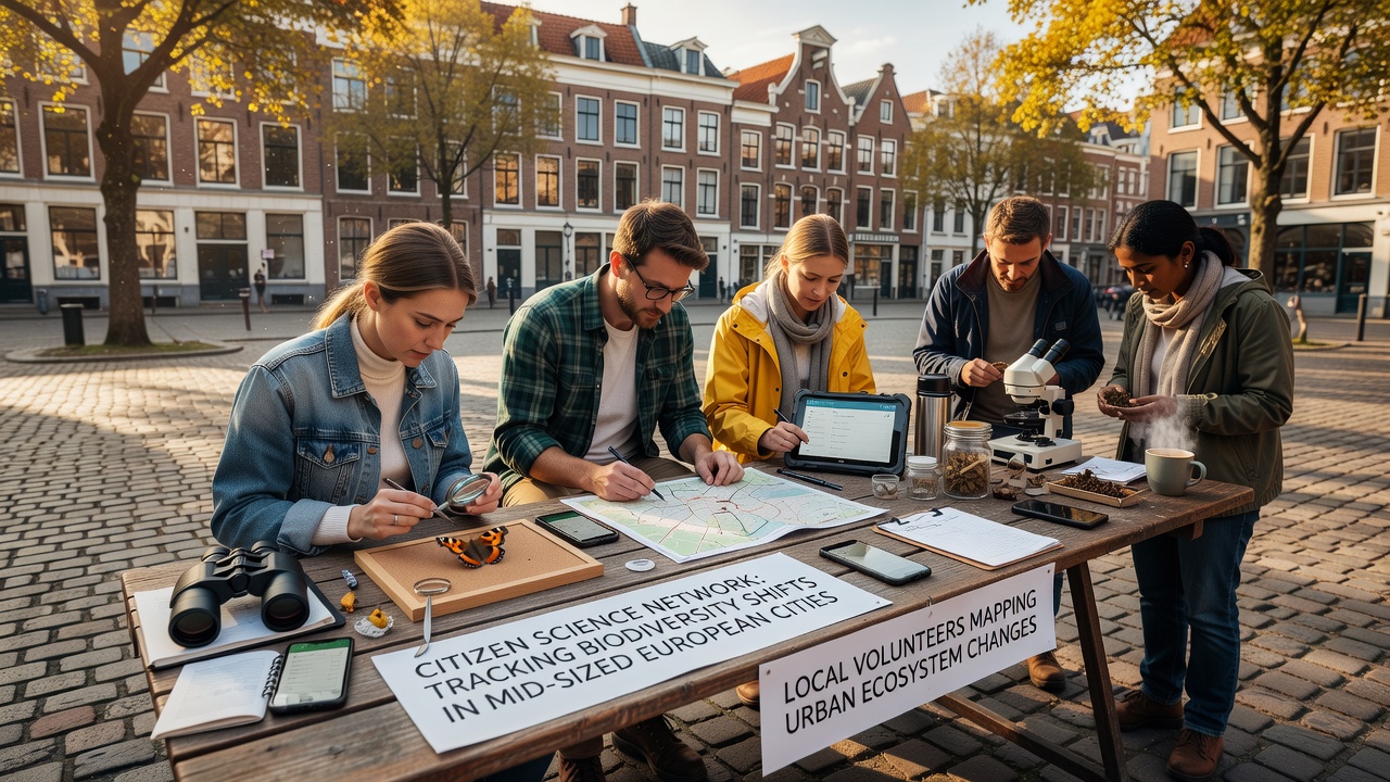 Group of citizen scientists examining collected samples during a biodiversity survey event in a European urban green space