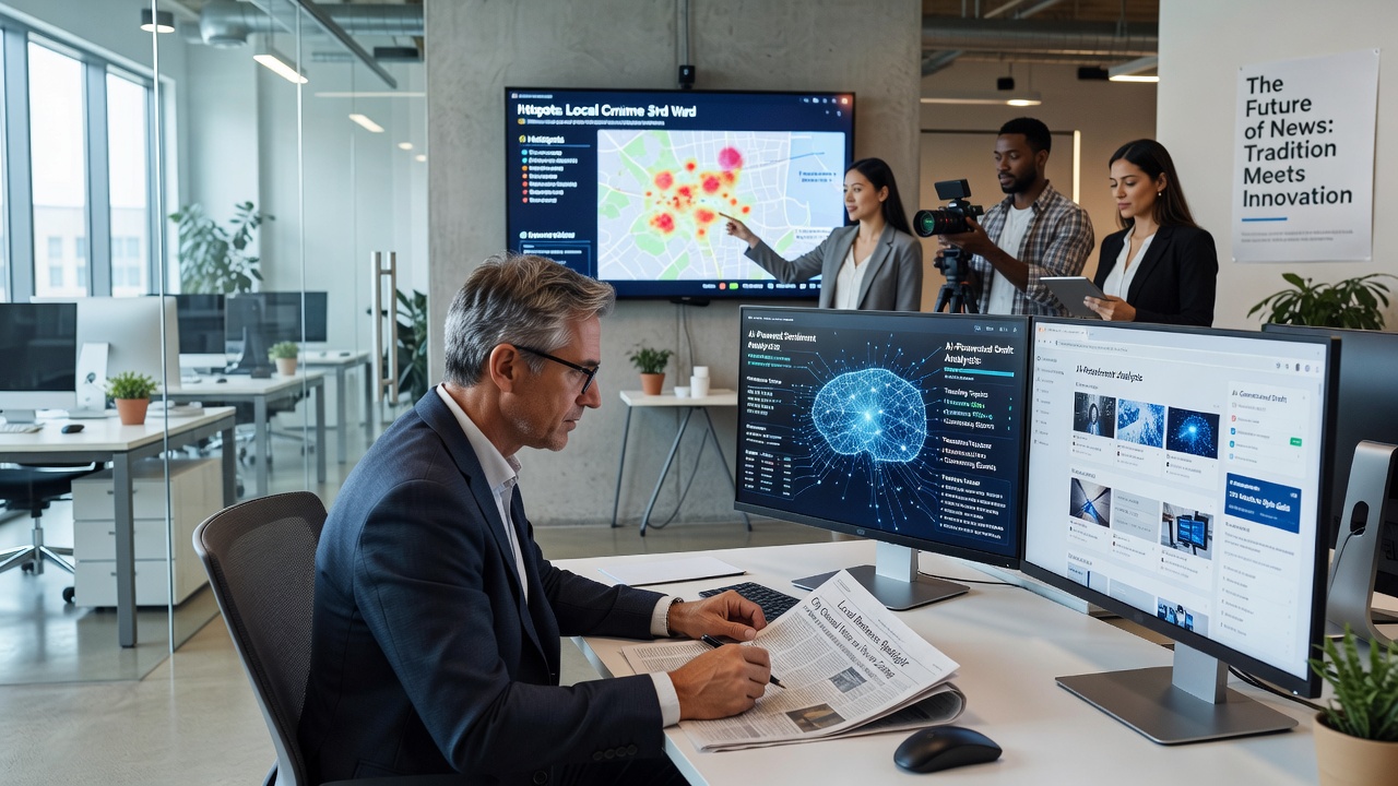 Editor reviewing AI-generated draft alongside handwritten corrections and printed source materials in a local newsroom setting
